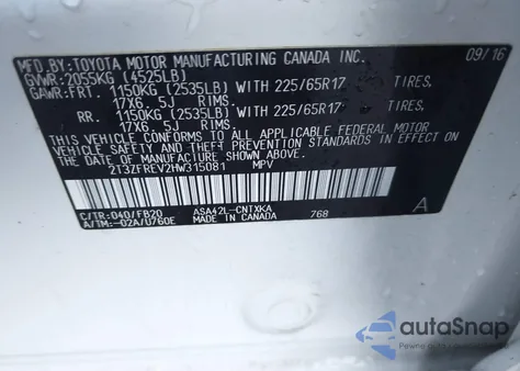 2017 Toyota Rav4 Le z USA, uszkodzony, nr VIN 2T3ZFREV2HW315081